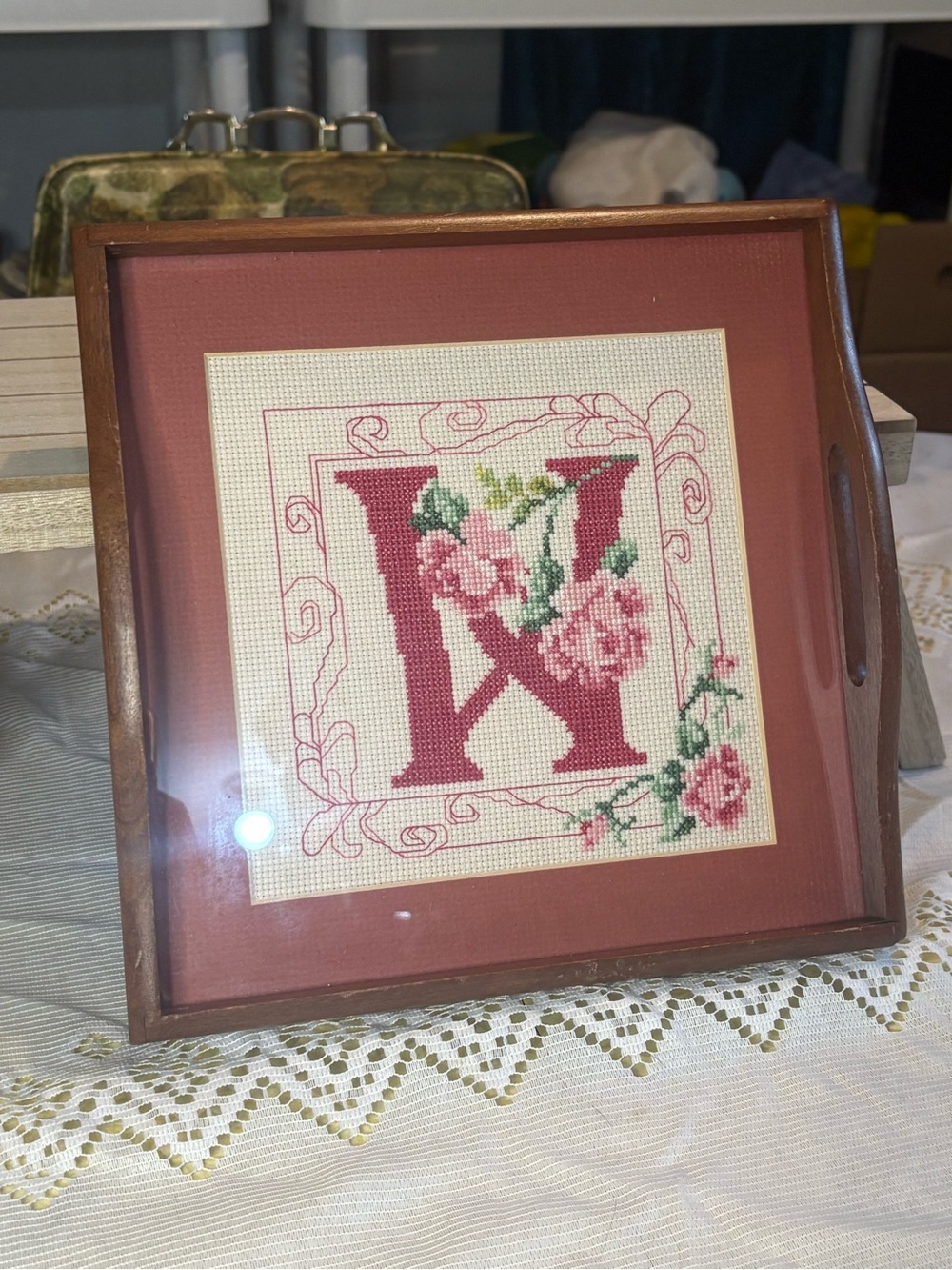 Vintage Framed Cross-Stitch Letter 'M’ Wall Art in Rose Pink by